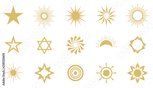 Collection of fifteen golden sun and star icons showcases a variety of celestial designs for decorative use and branding.