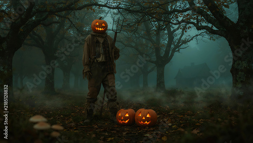 Creepy pumpkin scarecrow holding pitchfork in dark misty autumn woods, created with generative ai.