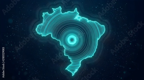 Brazil map outline stylized with bright neon blue concentric circular lines glowing against a deep dark background creates a futuristic digital aesthetic for data visualization presentations