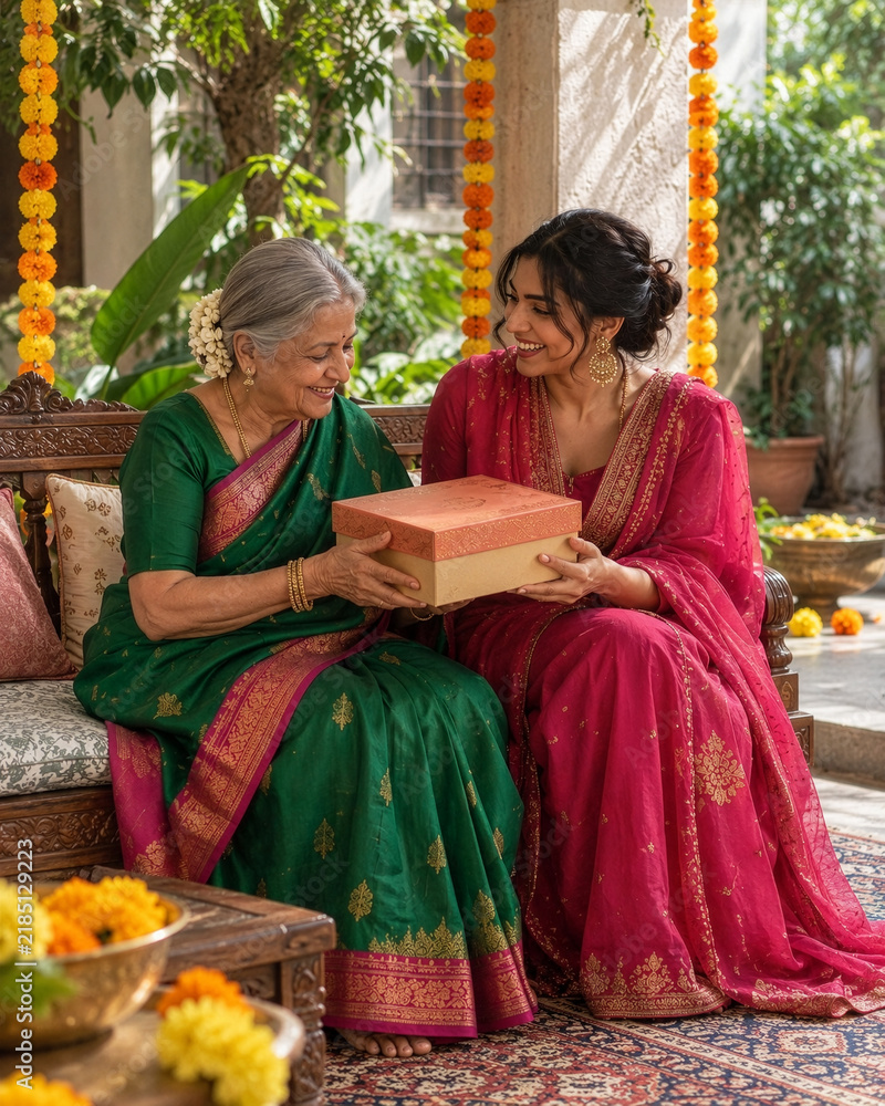 Obraz premium Grandmother and Granddaughter Exchanging Diwali Gift at Home