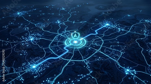 Digital navigation map showing glowing blue routes and location markers over a dark stylized urban landscape created with advanced 3d graphics and vibrant neon light