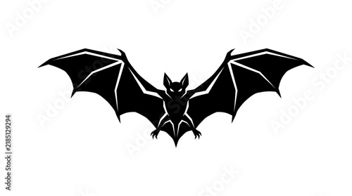 Stylized black bat silhouette with outstretched wings and glowing eyes.