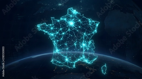 Glowing digital map of France showcasing an intricate network of connected data points over a dark blue realistic globe viewed from deep space at night
