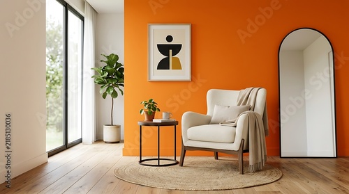 Modern gray armchair in a bright living room with orange walls and arch mirror