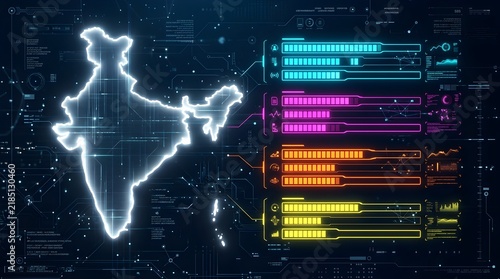 India geographic map displayed with glowing neon hud interface elements featuring colorful progress bars and digital data visualization graphics set against a dark blue tech background