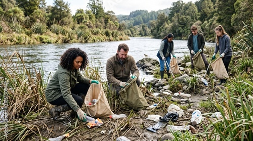 Volunteers collecting plastic waste by a river in nature  