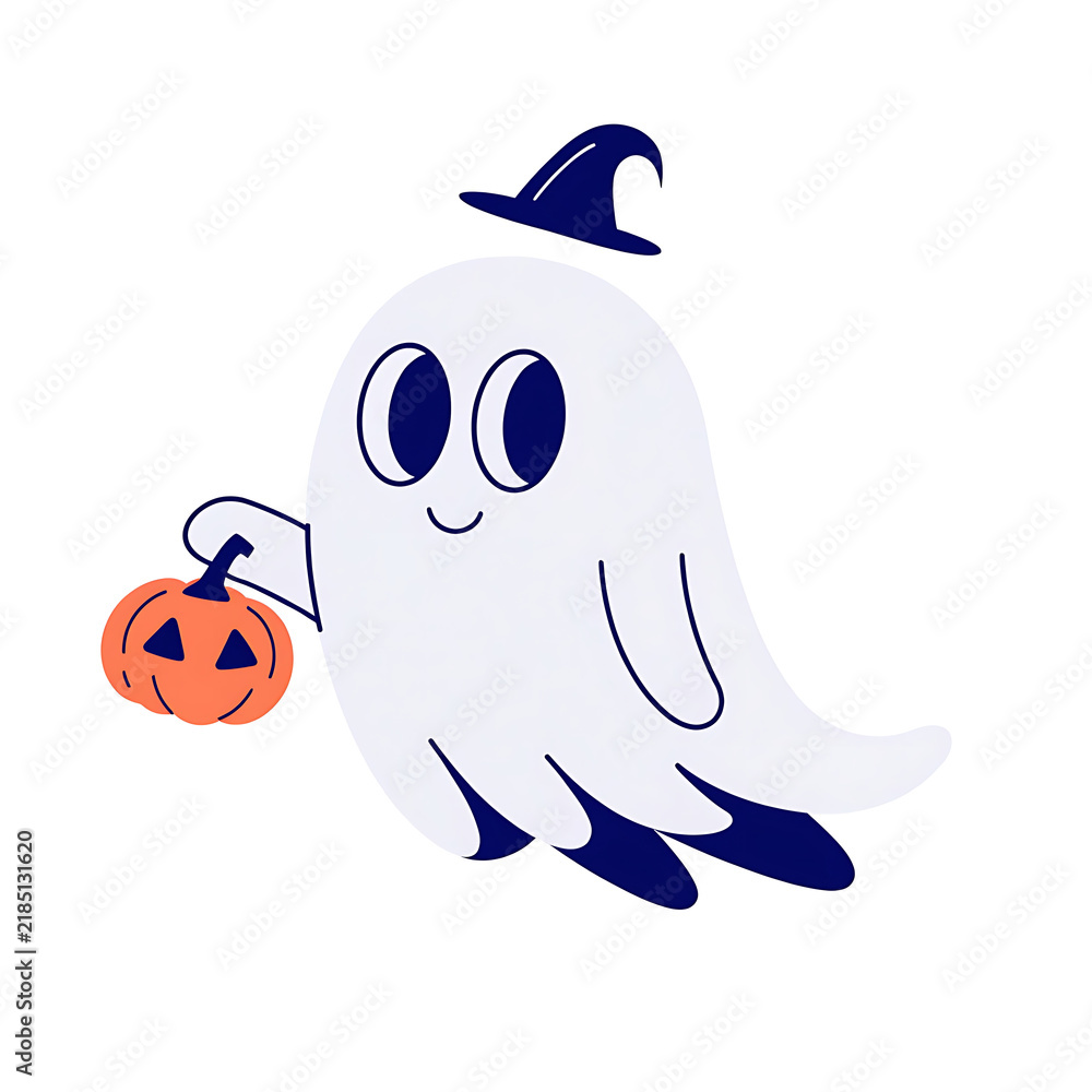 Fototapeta premium Cute Halloween Ghost with Witch Hat Holding Pumpkin Lantern