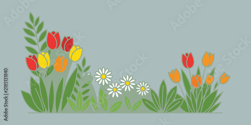 Spring Flower Border with Tulip and Daisy on Grass Flat Vector Illustration for Banner Design