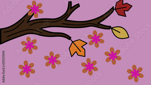 Autumn Branch with Falling Leaves and Pink Flowers Flat Vector Illustration for Seasonal Design