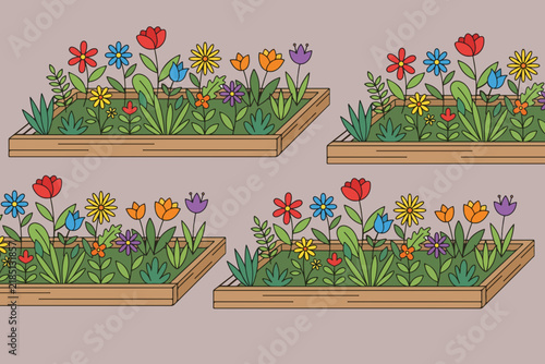 Flower Garden Bed Seamless Pattern with Colorful Blooms Flat Vector Illustration for Textile and Print Design