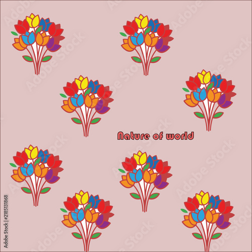 Tulip Bouquet Seamless Pattern with Colorful Flowers on Pink Background Folk Style Vector Illustration