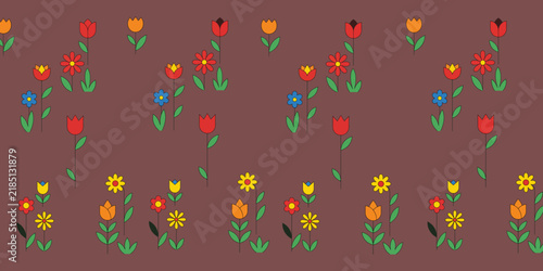 Small Flower Seamless Pattern with Tulip and Sunflower on Brown Background Folk Vector Illustration