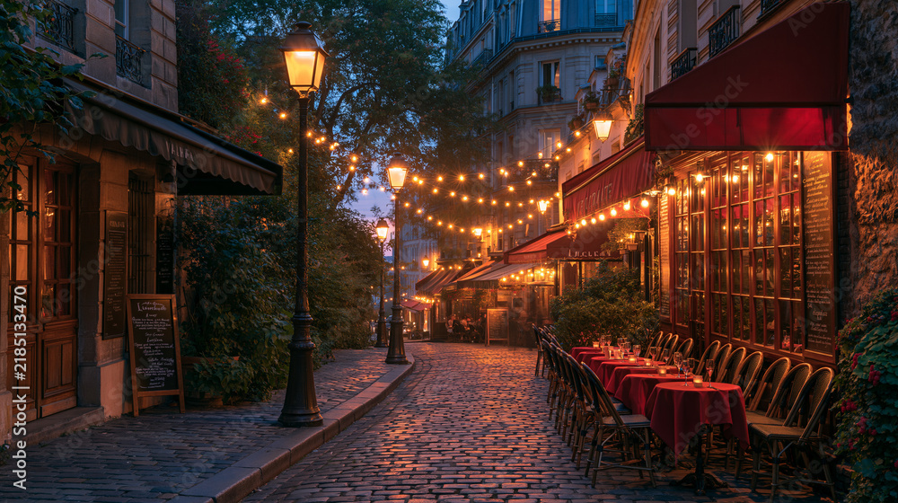 Fototapeta premium Quaint European Cobblestone Street Lined With Cafes Glowing at Dusk