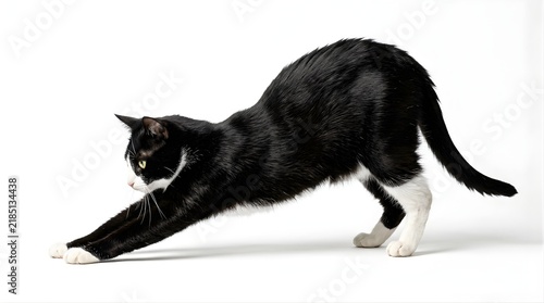 Black and white cat stretching its body against a plain white background