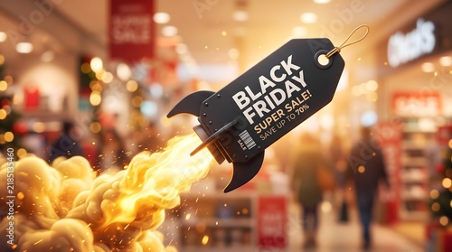 3D Render of Black Friday Sale Price Tag Rocket