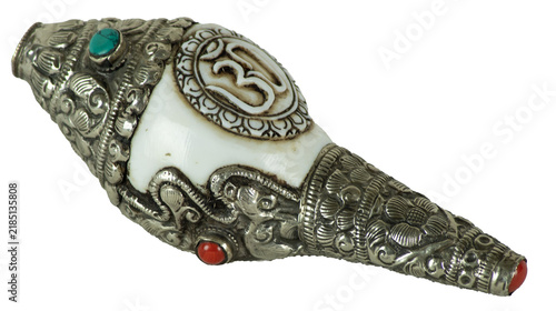 Ornate conch shell shankha with om symbol and gems