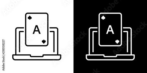 Playing Card On Laptop Line Icon Set. Online Gambling, Poker, And Casino Gaming Outline Symbol Collection. Digital Entertainment And Virtual Card Games. Editable Stroke. Isolated Vector Illustration