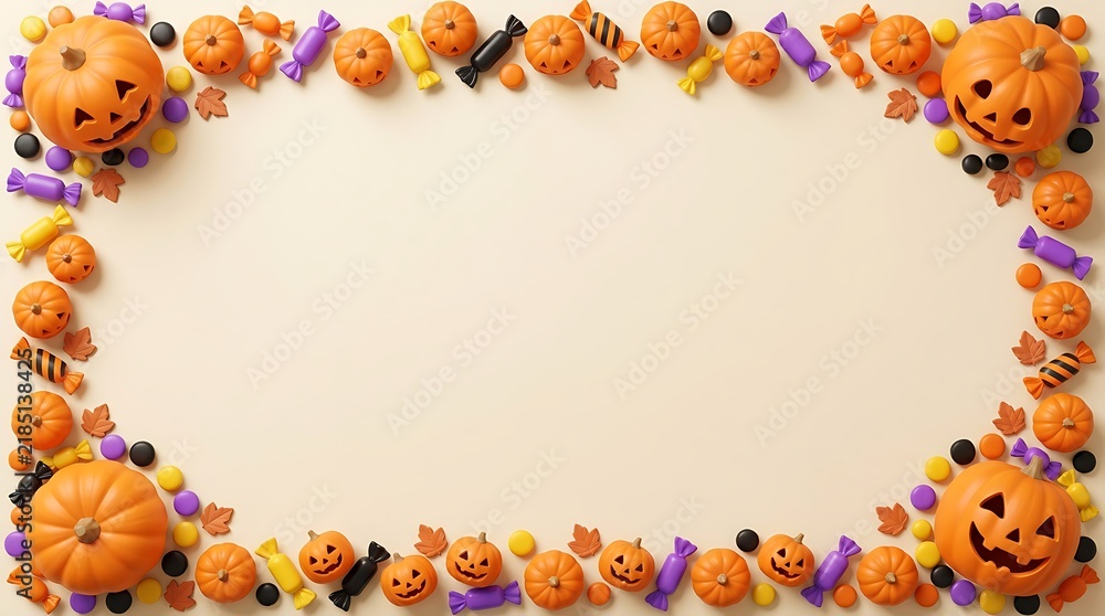 Fototapeta premium Festive Halloween themed frame featuring miniature ghost and bat decorations arranged on a soft pastel blue background with ample copy space for seasonal text
