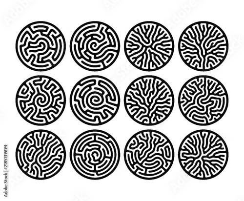 Maze circle pattern collection with organic labyrinth and circuit lines.
