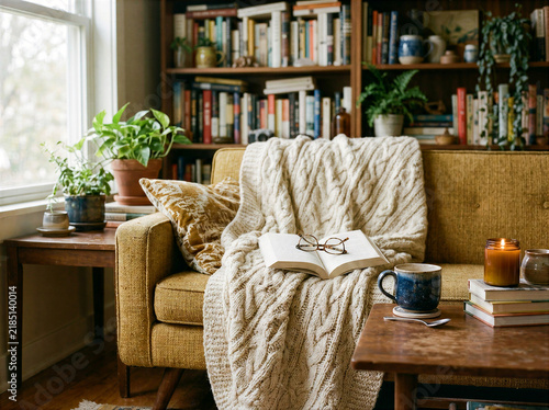 Cozy Reading Corner with Armchair, Bookshelf and Throw Blanket