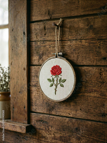 Hand Embroidered Red Rose in Hoop on Rustic Wooden Wall