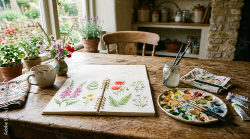 Botanical Watercolor Sketchbook on Rustic Table with Paintbrushes and Art Supplies