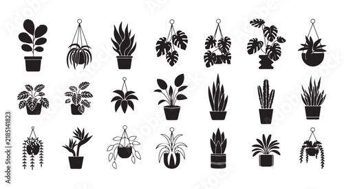 Houseplants Silhouette Icon Set, Black Potted Indoor Plants Vector Collection