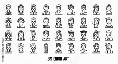 Diverse cultural vector illustrations of people wearing traditional headwear and clothing, line art style