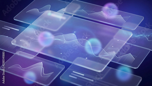 Futuristic digital dashboard displays transparent glass interfaces with dynamic charts and glowing orbs.