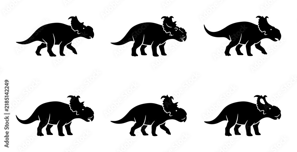 Obraz premium Six Silhouette Triceratops Dinosaur Icons, Prehistoric Creature Vector Graphics, Ancient Reptile Set