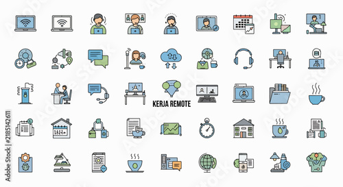 Remote work and online communication icons set. Freelance, video conference, and home office symbols.