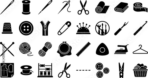 Bild auf Leinwand Set of sewing and tailoring icons, including needle, thread, scissors, buttons,