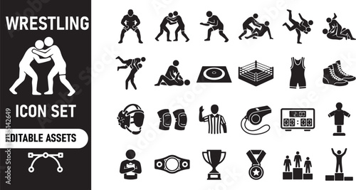 Wrestling sport icon set with athletes and equipment