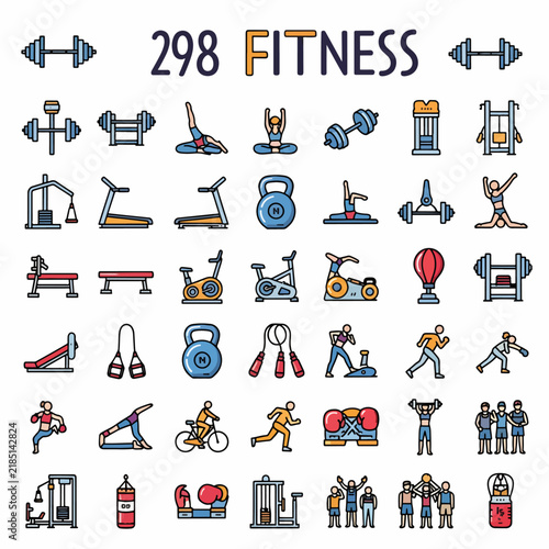 Fitness and gym vector icons set with various equipment and workout activities for healthy lifestyle