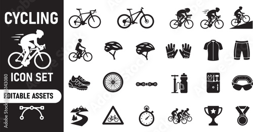 Set of black cycling icons with bikes and equipment
