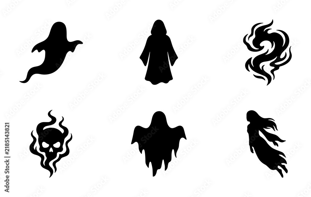 Fototapeta premium Spooky Halloween Ghost Icons, Scary Skull Flames, Ethereal Spirits Vector Set