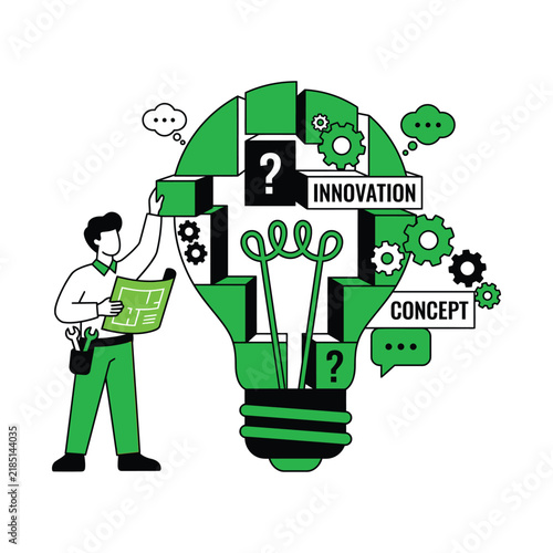 Flat vector illustration of an engineer building a light bulb