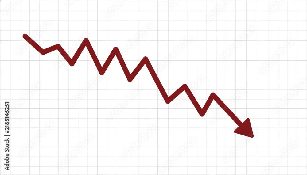 Obraz premium Red downward zigzag arrow on a white grid representing market decline, financial loss, or economic recession.