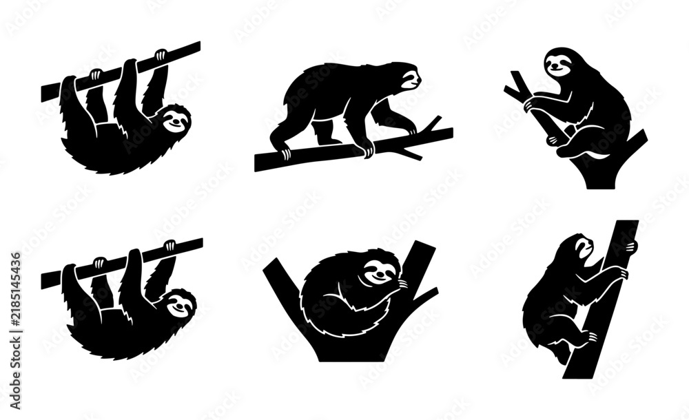 Obraz premium Sloth Vector Icons, Black Silhouette Animals, Cute Mammal Graphics, Tropical Wildlife Set