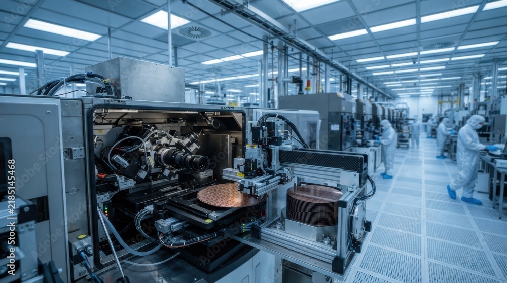 Fototapeta premium Semiconductor fabrication line with photolithography scanner, silicon wafers, robotic handlers, and cleanroom airflow panels.