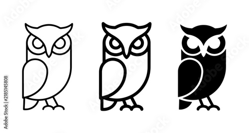 Minimalist Owl Icons Set, Outline and Silhouette Vector Graphics for Nature and Wisdom Themes