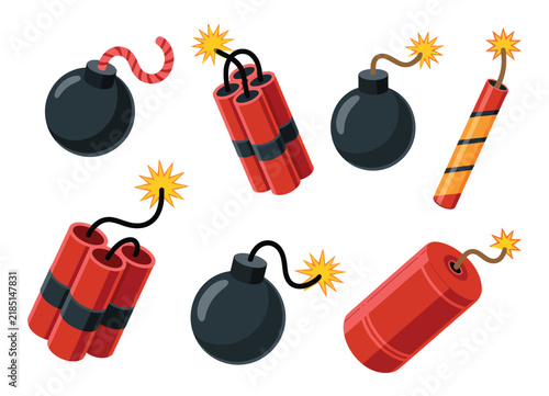 Принти на полотні dynamite bomb explosion tnt detonator fuse fireworks isolated set collection, ex