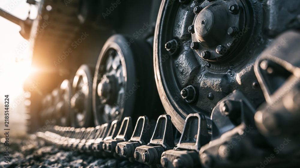 Fototapeta premium Armored tank tracks moving forward, close up of military vehicle mechanics and rugged metal details in sunlight