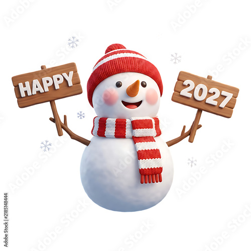 Cheerful 3D snowman holding 'Happy 2027' signs, isolated on transparent background for new year celebration.