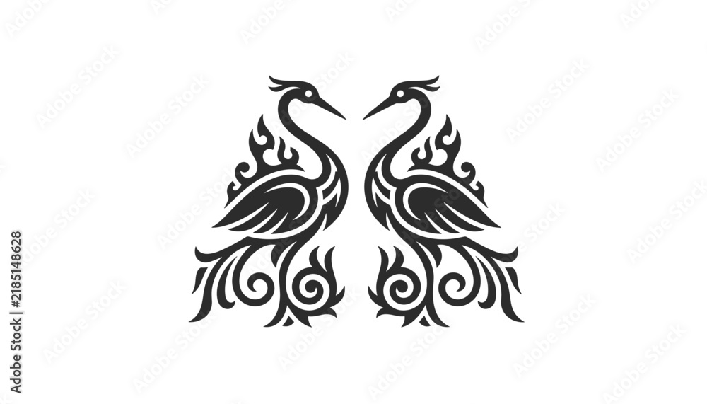 Fototapeta premium Intricate black bird silhouettes facing each other with elegant flame swirls in a classic tribal design style.
