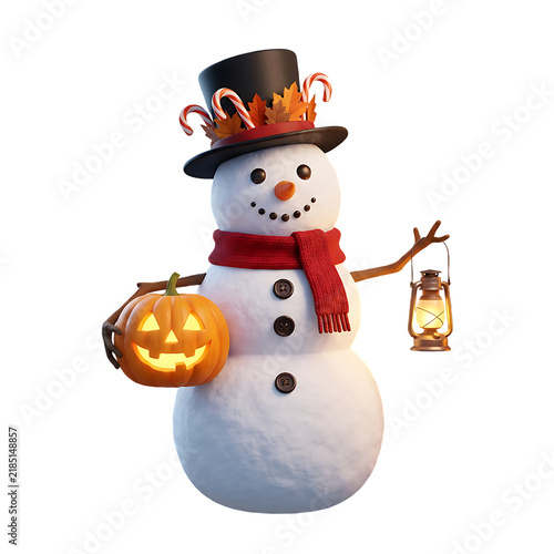 Spooky 3D snowman with jack-o'-lantern and lantern, isolated on transparent background for halloween.