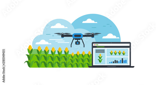 Smart farming flat vector showing drone monitoring cornfield with laptop data analytics