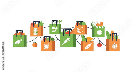 Flat Illustration of Connected Reusable Grocery Bags with Healthy Organic Food and Fresh Vegetables