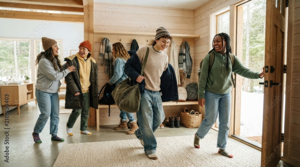 Fototapeta premium Welcome Home Gathering: A group of friends arrive at a cozy, modern cabin, their faces beaming with excitement and anticipation as they step inside.