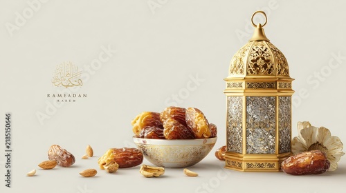 Ramadan Kareem concept with golden lantern and bowl of dates on white background